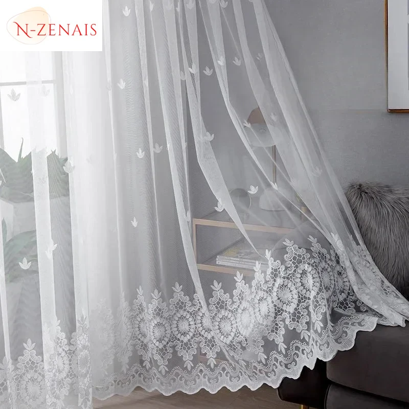 White Embroidered Romantic Tulle Curtains for Living Room Bedroom Dining Study Classic Nature Vertically Warm Colors Decor 커튼