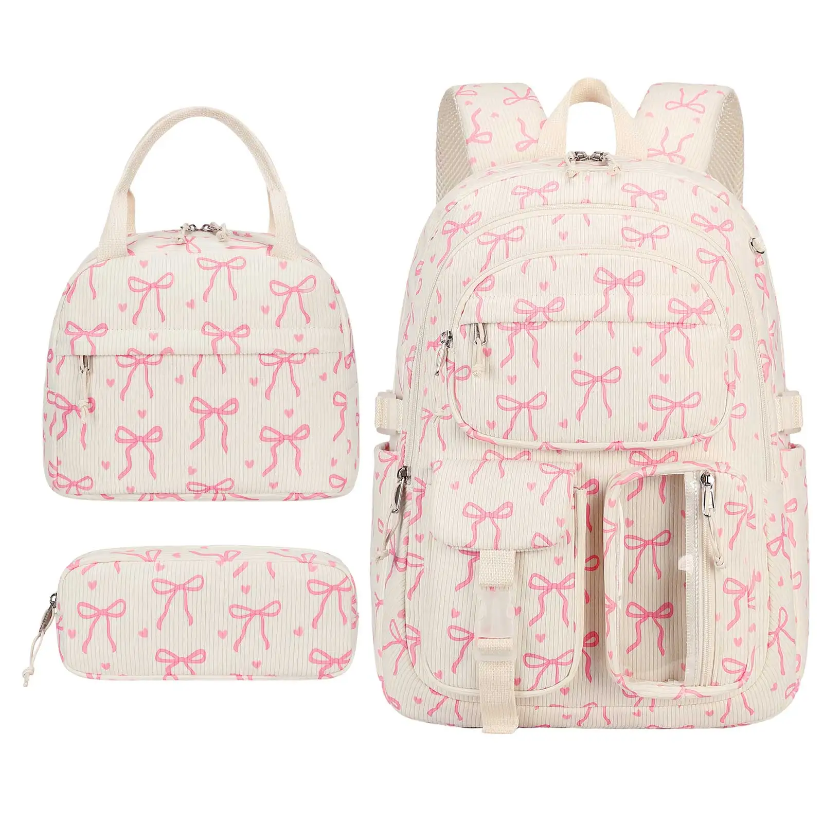 Women Bow Corduroy Backpack Large-capacity Bookbag with Lunch Bag and Bookpack for Elementary Middle Students