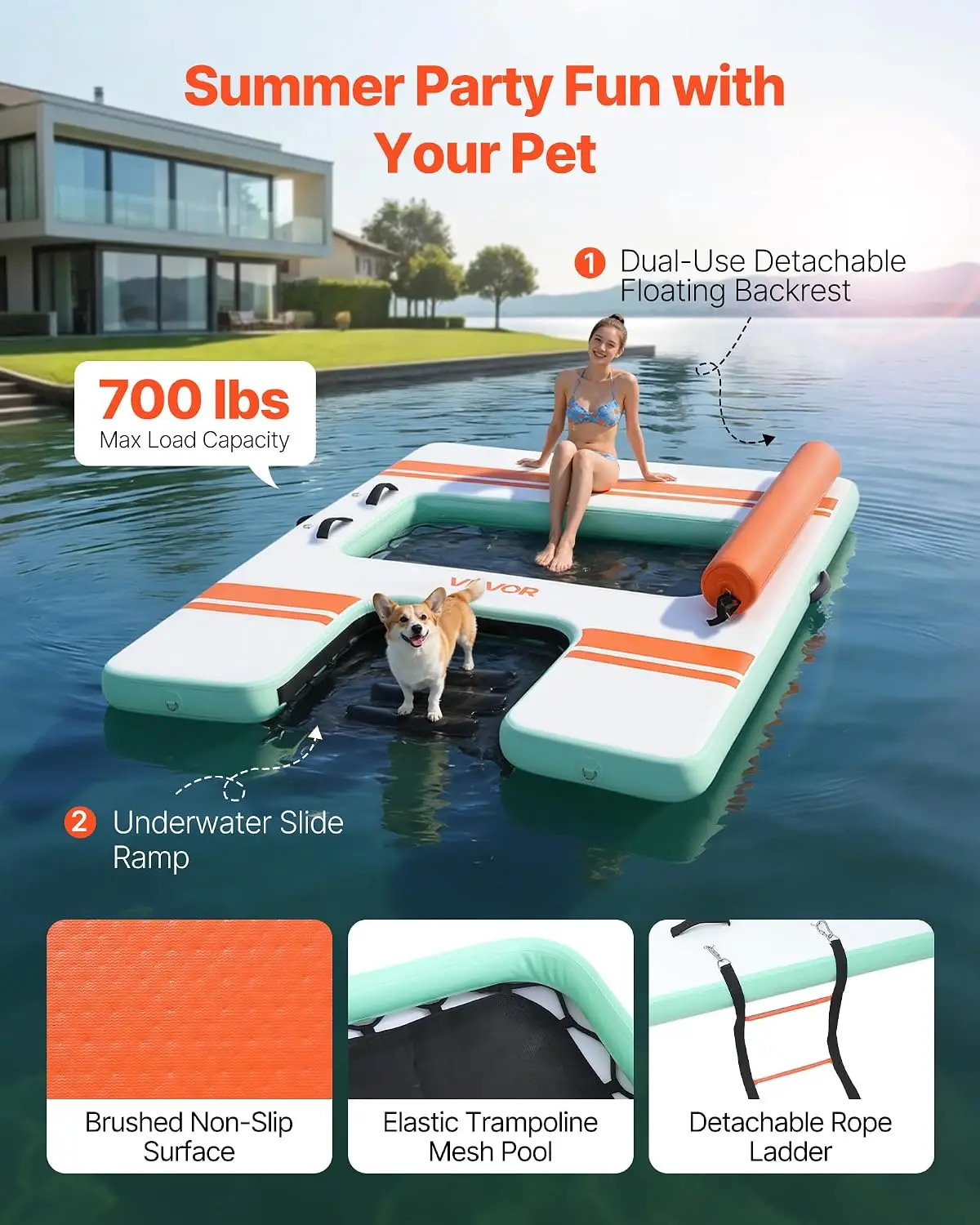 VEVOR Inflatable Floating Dock, Inflatable Dock Platform, Non-Slip Water Air Mat with Portable Carrying Bag and Detachable Ladde