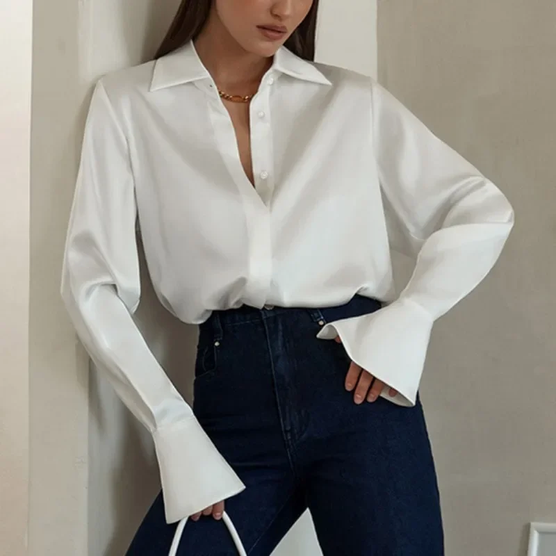 Autumn Blouse Satin Shirt Solid Loose Casual Silk Top Fashion Women Office Lady Clothes White Shirt Long Sleeve Women Tops 28697