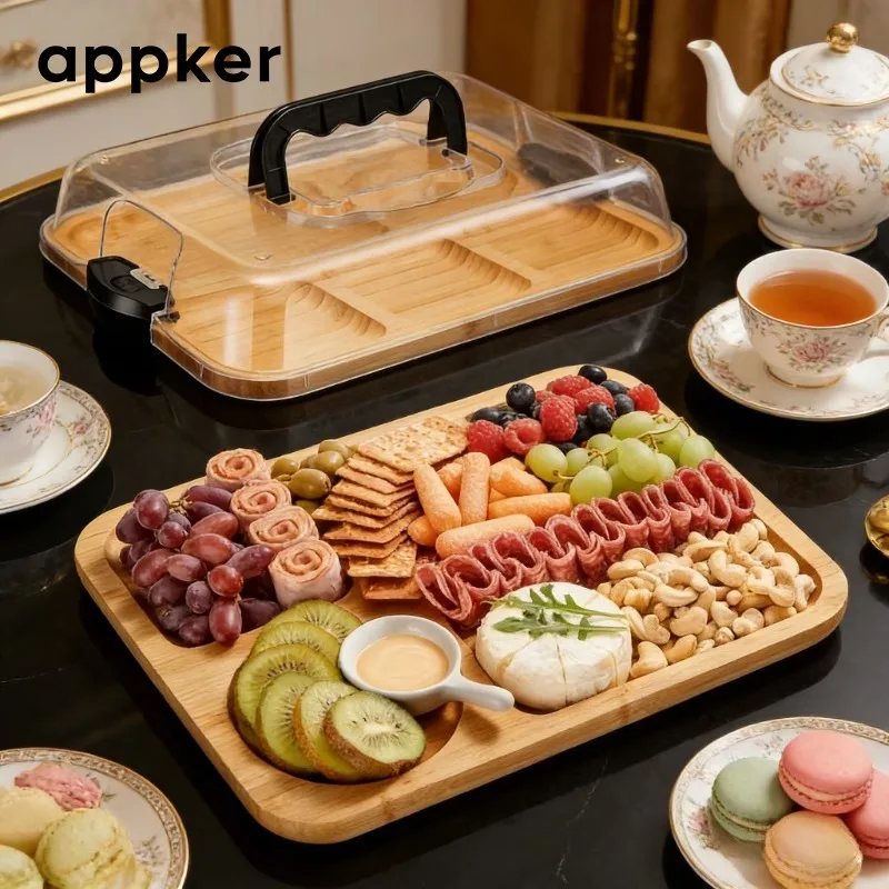 New Bamboo Cheese Tray with Transparent Acrylic Lid,for Camping, Restaurants,Serving Tray for Holiday Appetizers, Charcuterie
