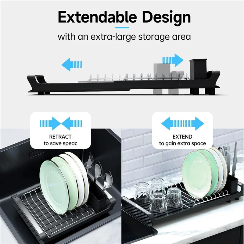 AT44-작은 접시 건조대 주방 카운터 싱크대 위 접시 건조대 접이식 디자인 탈부착 가능한 식기 홀더 포함