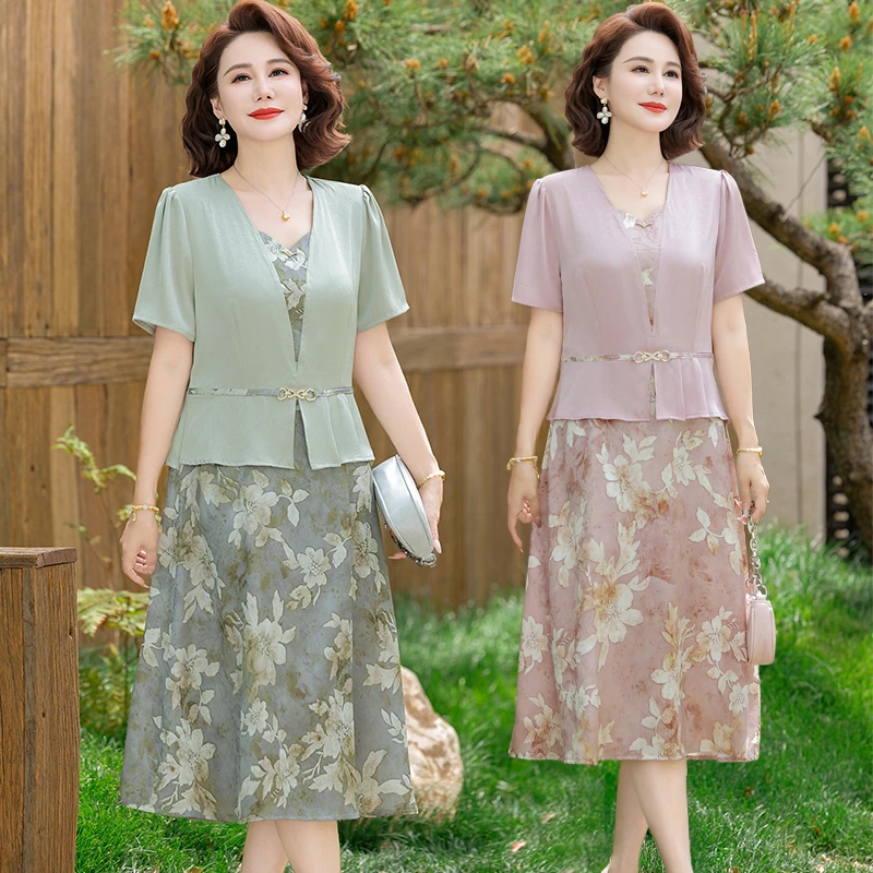 الصيف قصيرة الأكمام عادية فستان بفتحة عنق على شكل v موضة Bodycon فستان الحفلة الراقصة المرأة المرقعة الأزهار وهمية قطعتين فستان ميدي