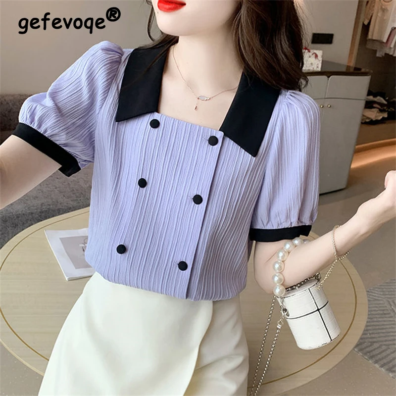 Women Trendy Contrast Color Sweet Chic Shirts Vintage Elegant Square Collar Blouses Casual Short Sleeve Tops 2024 Summer Blusas