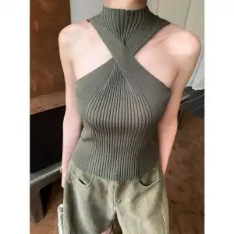 Women Cross Twist Halter Knit Vest Two Ways To Wear Front Back Slim Fit Design Outerwear Summer Casual Top
