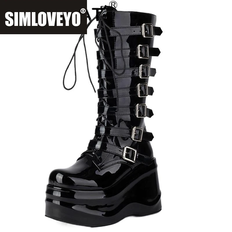

SIMLOVEYO Women Boots Round Toe Patent Leather Wedges 10.5cm Platform Hill 6.5cm Lace Up Booties
