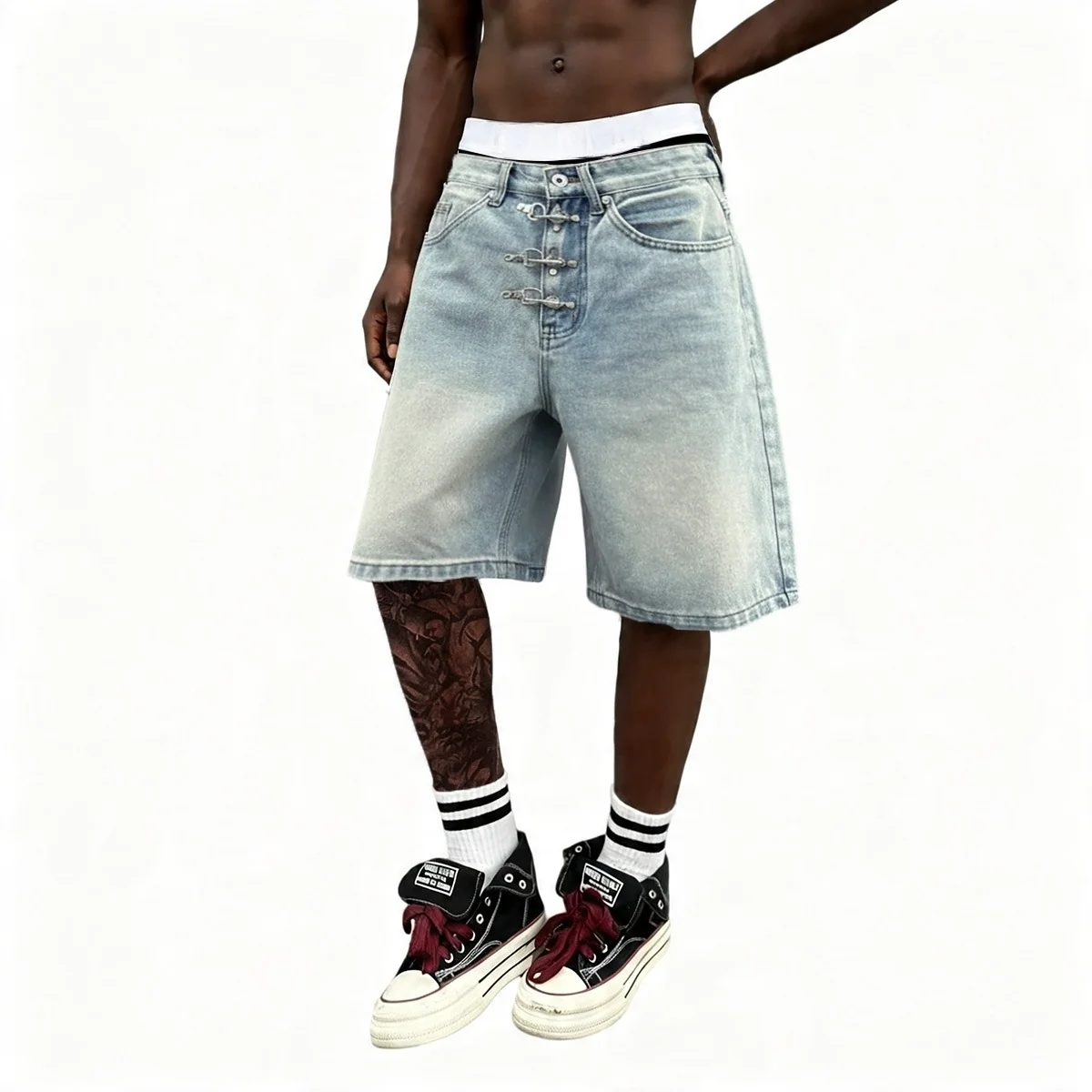 

Men's Loose Fit Vibe Style Hip Hop Short Jeans With Aircraft Plane Buckle High Street Washed Vintage Denim Shorts Hip Hop Shorts