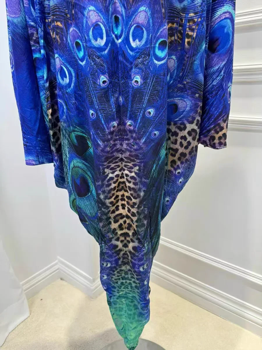 2024 Silk Dress V Neck Batwing Sleeves Blue Peacock Print Loose Long Step Dress