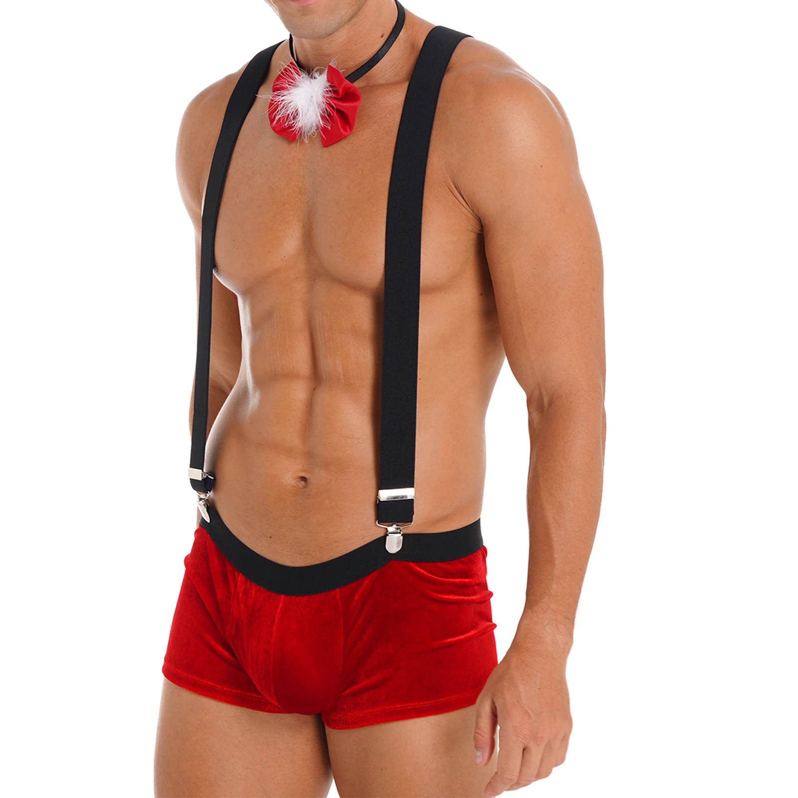 Ensemble de lingerie de costume de Noël sexy pour hommes, boxer bombé avec nœud, costume de père Noël, tenue de cosplay de fête de Noël