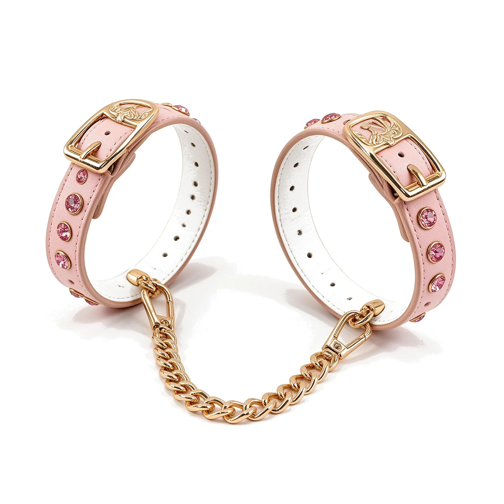 Pink Rhinestone Handcuffs Soft PU Leather Adjustable Wrist Cuffs with Gold Chain Sparkle Bondage Restraints Couples Valentine