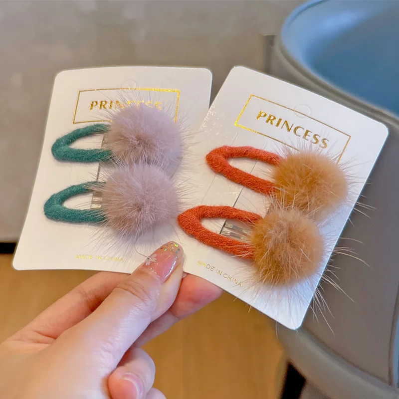 32 PCS/Lot, Mink Fur Pompom Bow Snap Clips Baby Hair Clip Hair Accessories