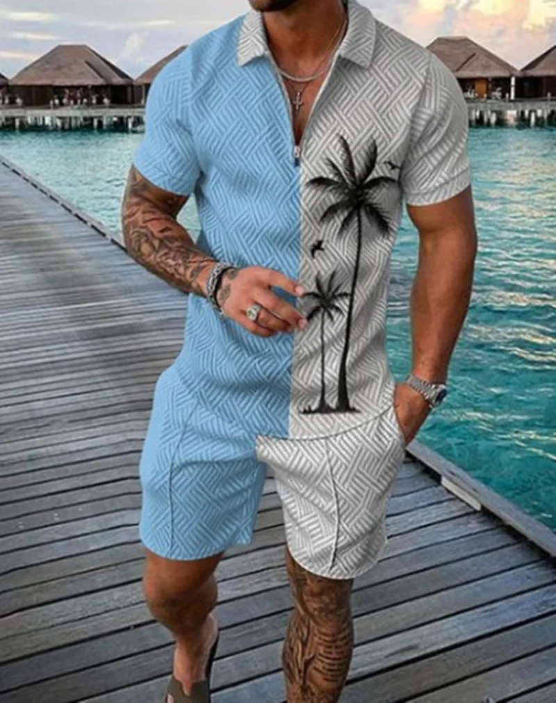 Fashion Summer Men's Tracksuit Short Sleeve Polo Shirt Set Coconut Tree 3D Print Clothing 2 Pieces Casual Suit Streetwear Outfit