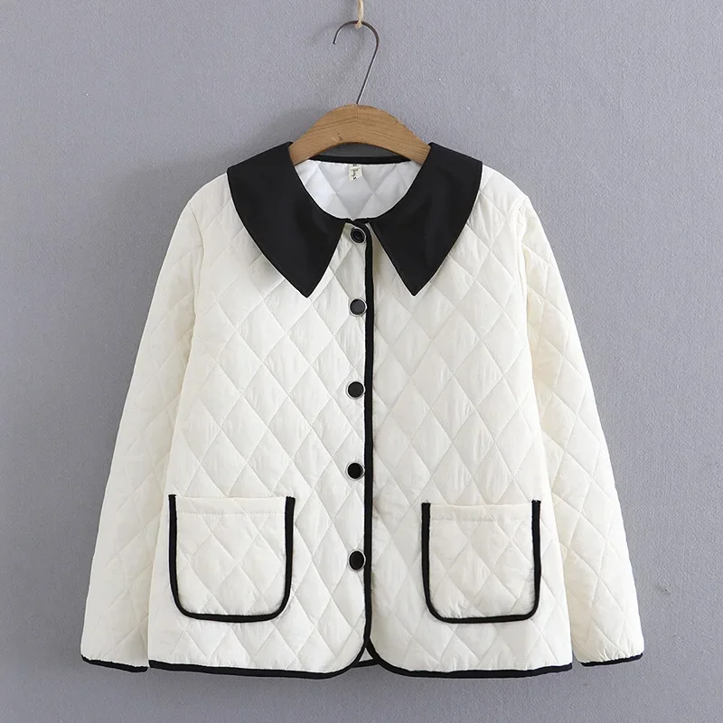 Fashion Lightweight Lapel Argyle Thin Parkas Women Autumn Winter 2023 Plus Size Casual Clothing Padded Coat Wadded Jacket REFW