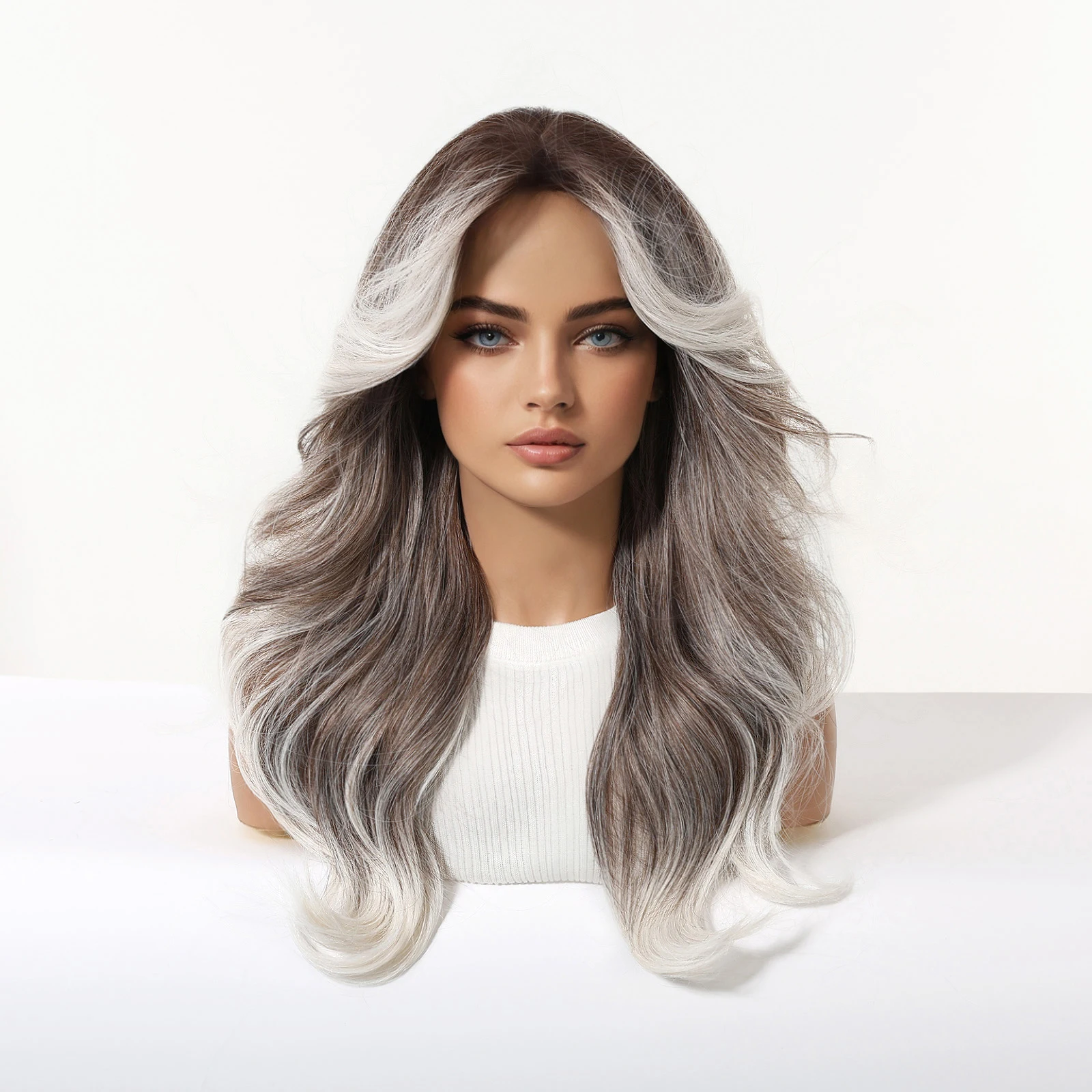 LOUIS FERRE Long Fluffy Wave Gray Gradient Wigs Lolita Cosplay Natural Ombre Synthetic Wigs for Women Heat Resistant Fibre Wigs