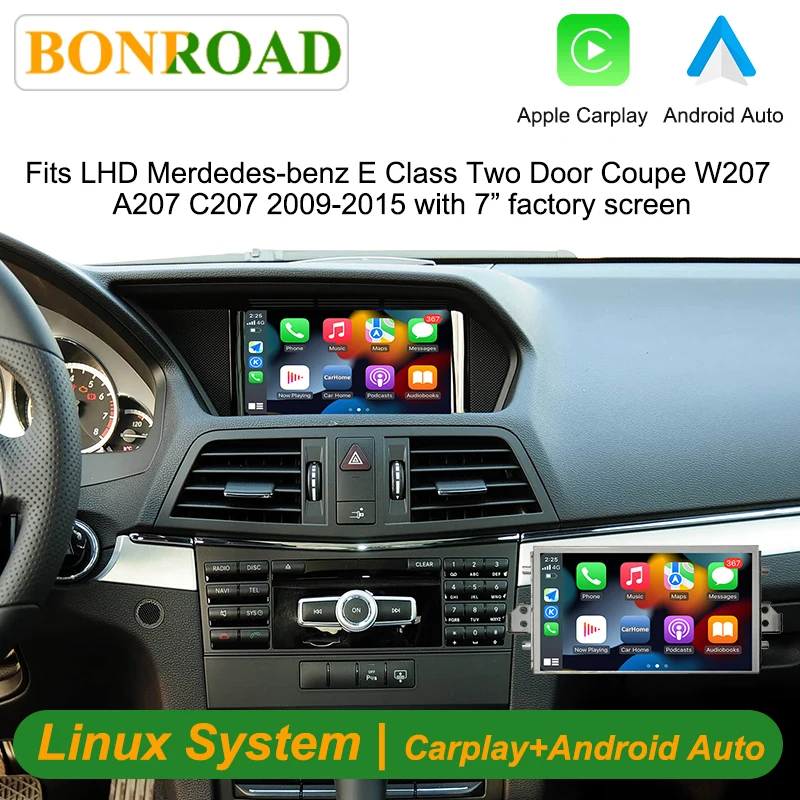 Autoradio Bonroad 7" Stile Originale con Linux, Carplay e Android Auto per Mercedes-Benz Classe E Coupé Due Porte W207 A207 C207 2009-2016 NTG 4.0/4.5/5.0, con Airplay e Mirror Link