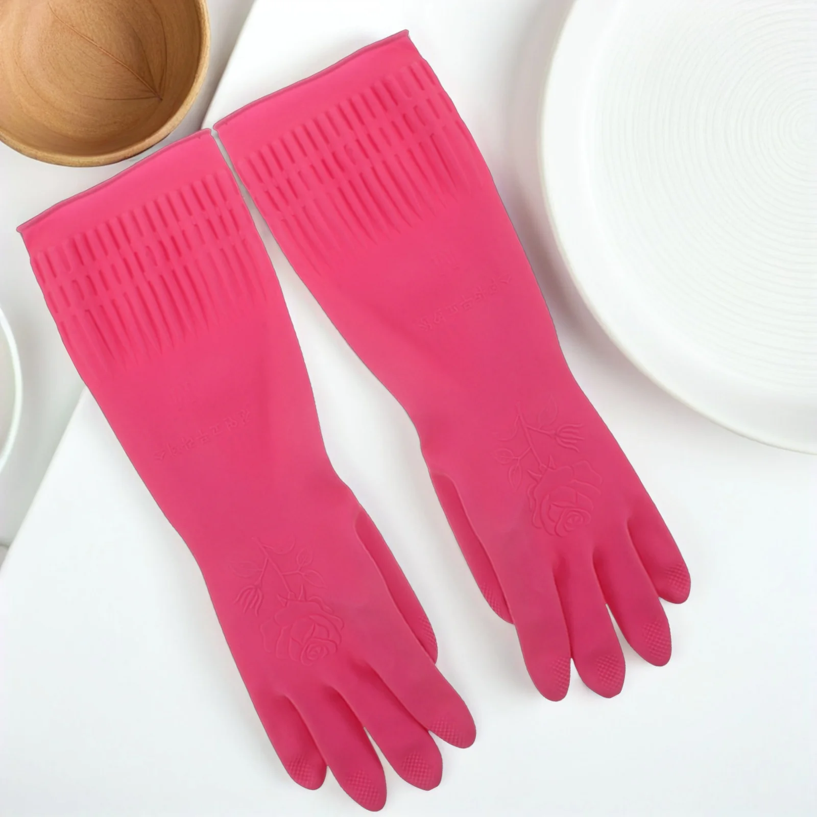 

3Pairs Waterproof Latex Gloves Extended Length Non Slip Kitchen Dishwashing Cleaning Reusable Heavy Duty Household Gloves