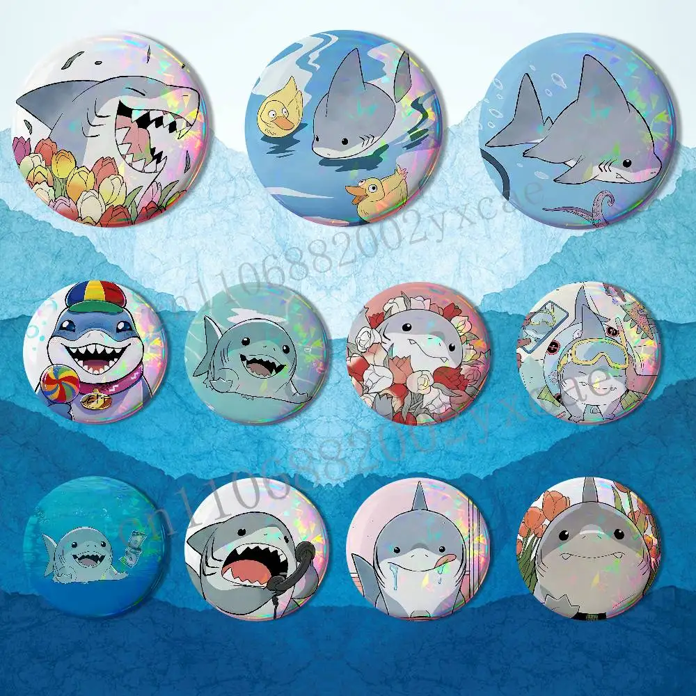 Cartoon zoo Shark Jeff land Laser reflective round badges pins bag clothing decorations collectibles gifts for friends