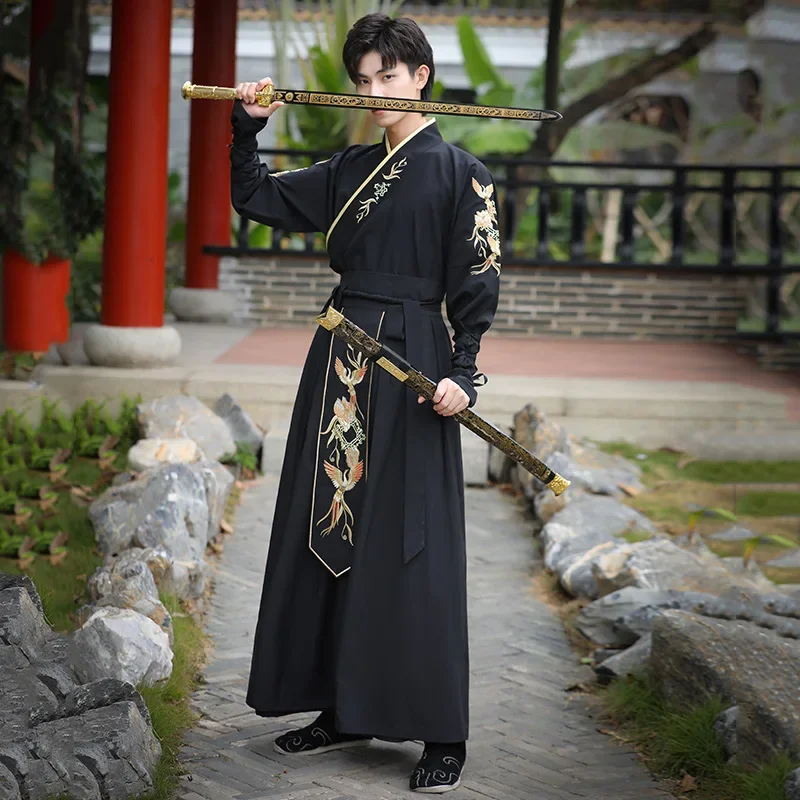 WATER Men's Hanfu Chinese Style Handsome Belly Black Childe Martial Arts Style Male Student Youth Team Performance Dress