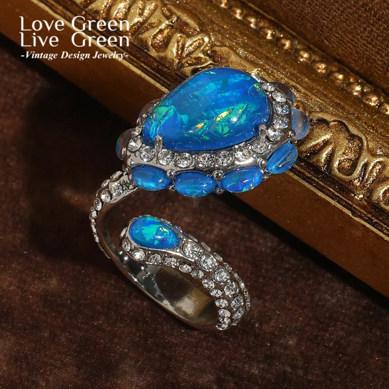 

Vintage Opal Ring Natural Blue Water Droplet For Women Open Silver Color Rhinestone Luxury Jewelry Quality Wedding 2025 Beach