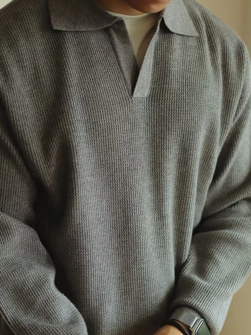 

Fall Casual Sweater Mens Knitted Shirts Long Sleeve Turn-down Collar Jumper Tops Men Vintage Knitwear Solid Color Tops