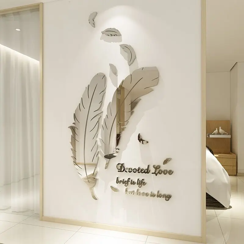 Mirror Feather Acrylic 3D Wall Stickers, Living Room, Bedroom, Self Adhesive, Dressing Mirror, DIY Home Decor