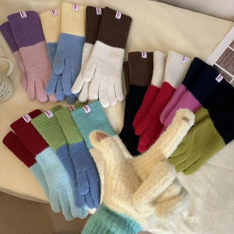 

Зимние красочные вязаные перчатки, женские уличные теплые корейские простые велосипедные перчатки с сенсорным экраном, студенческие перчатки