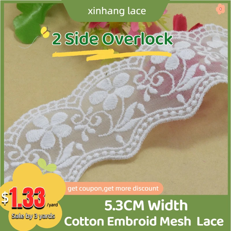 

3yards 5.3cm Width White Cotton Embroided Lace Ribbon Guipure Trim DIY Wedding Accessories Curtain French Lace Applique#2936