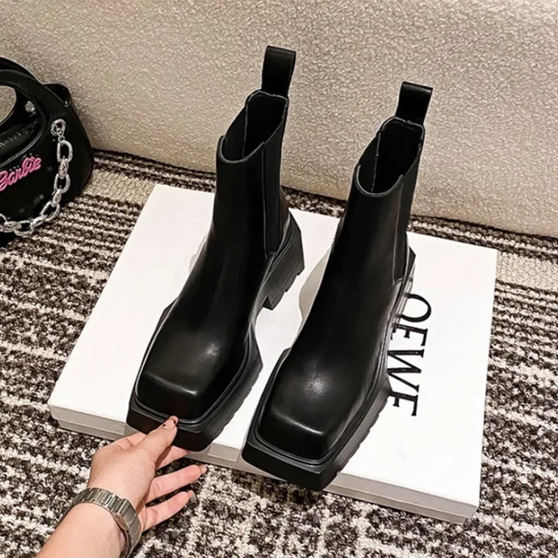 Genuine Leather Ankle Boots Women Chunky Heel Chelsea Boots Square Toe High Heeled Fashion Designer Boots for Women Botas Mujer