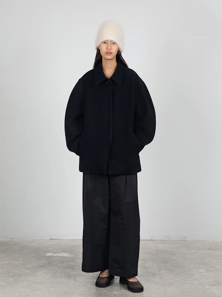 

AMOMENTO Woolen Coat Women's Winter New Sle ort Collar Suit Sle Knitwear Korean Version Straight Cut Polyester