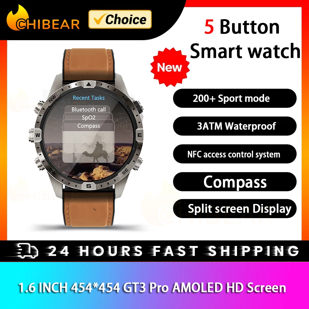 5-button NFC GPS Tracker 1.6 inches Smart Watch Men AMOLED 466*466 HD Screen Compass Bluetooth Call SmartWatch  For HUAWEI XIAOM