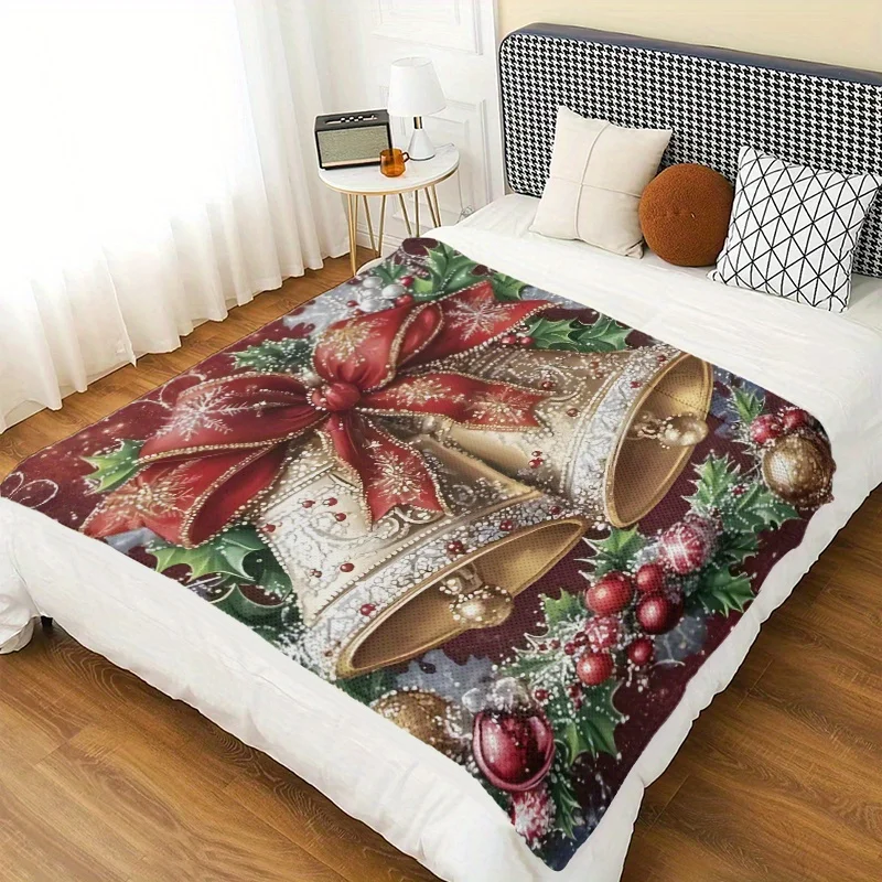 Christmas Throw Blanket Holiday Decorative Xmas Bells Festive Plush Winter Cozy Sofa Decor Gift