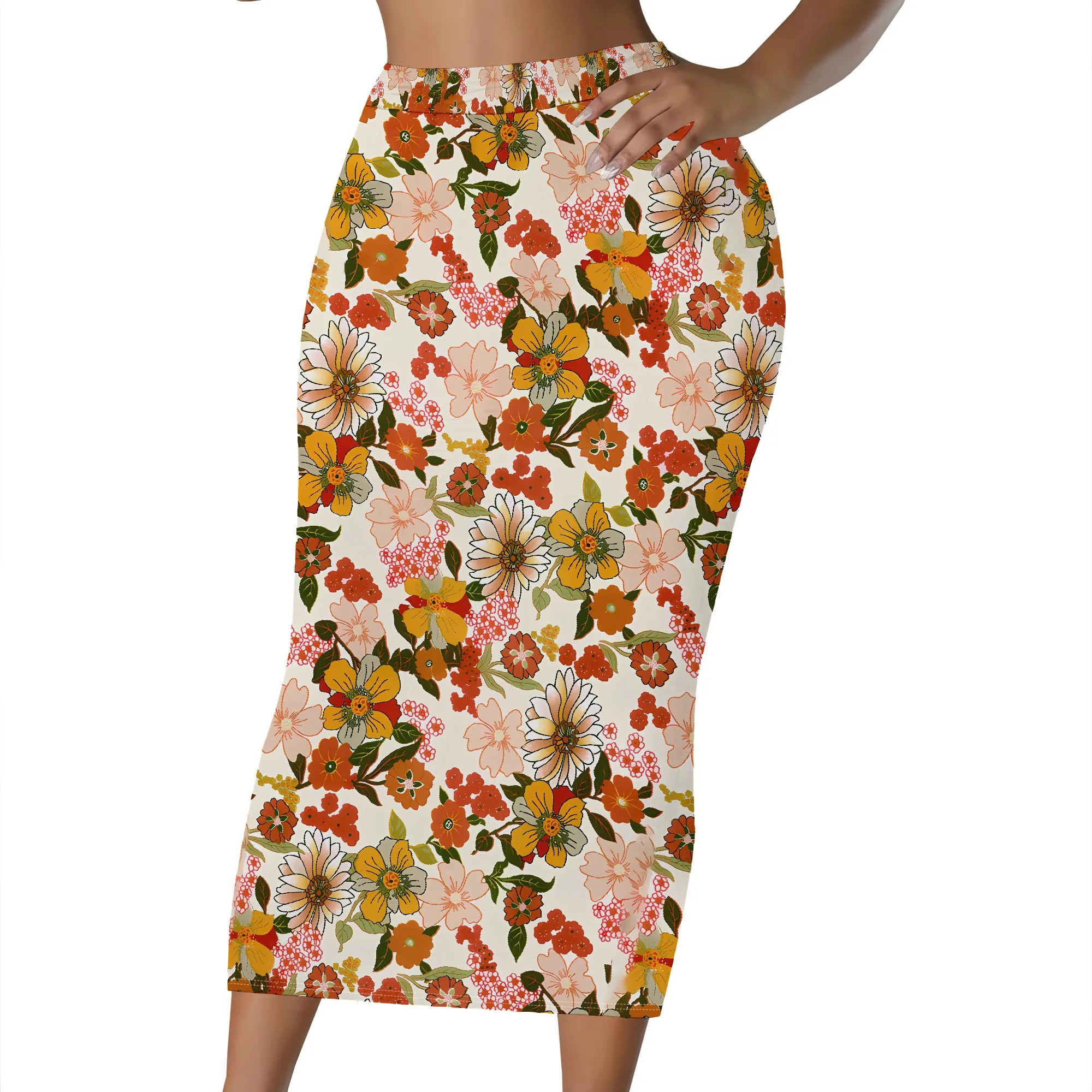 Lebhaft bedruckter Blumenrock, Bleistiftrock mit bunten Blüten, Midirock mit abstraktem Kunstmotiv, Sommermode Damenrock, S-2XL – Detail 8