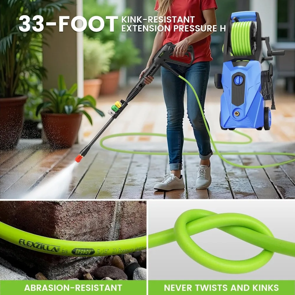 고압 세척기 5000 PSI 2.8 GPM 전기식 파워 워셔 33피트 압력 호스 M22-14mm, 4개의 노즐 및 폼 캔 포함