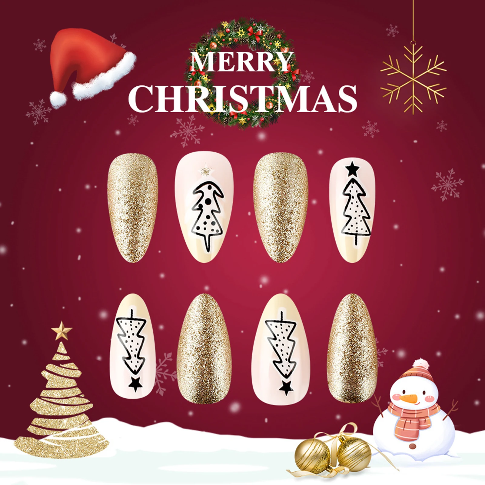 光沢のあるゴールドスパンコールアーモンドフェイクネイル 24 個クリスマスパーティープレスオンネイルクリスマスツリー/スタープリント新年パーティーチャームマニキュア