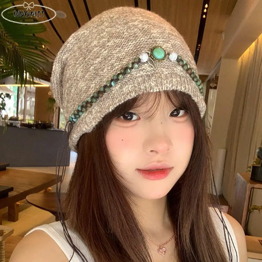 

Ethnic Style Bohemian Beanies Hat Keep Warm Coldproof Beaded Fringed Cap Ear Protection Solid Color Knitted Pullover Hat Female