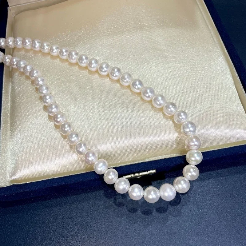 New Women's 925 Sterling Silver Necklace Pendnats 9-10mm White Sea Pearl Good Luster A Little Flaw Wedding Female Jewelry Gifts