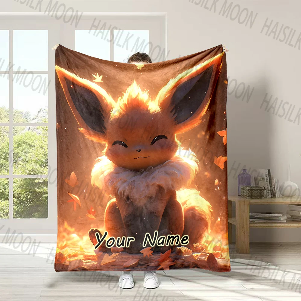 (Memo U Name)Custom Name Personalized Blanket Pokémon Eevee Printed for Sofa Bed Cover Blanket Suitable for Birthday Kids Gifts