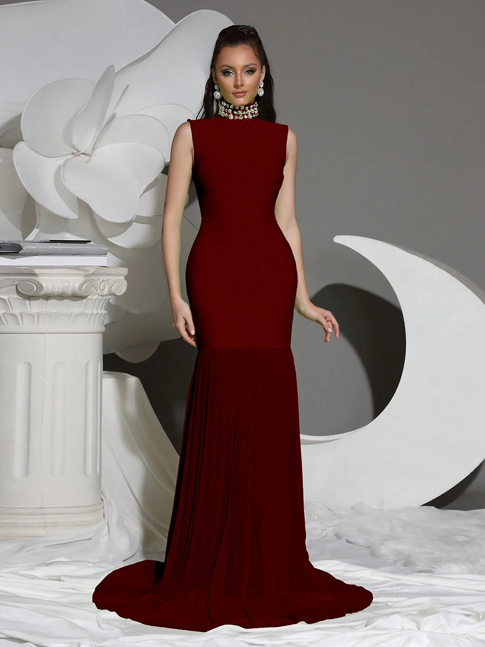 2026 New Diamond Turtleneck Bodycon Long Dress Women Sleeveless Patchwork Elegant Evening Birthday Party Dinner Wedding Gowns