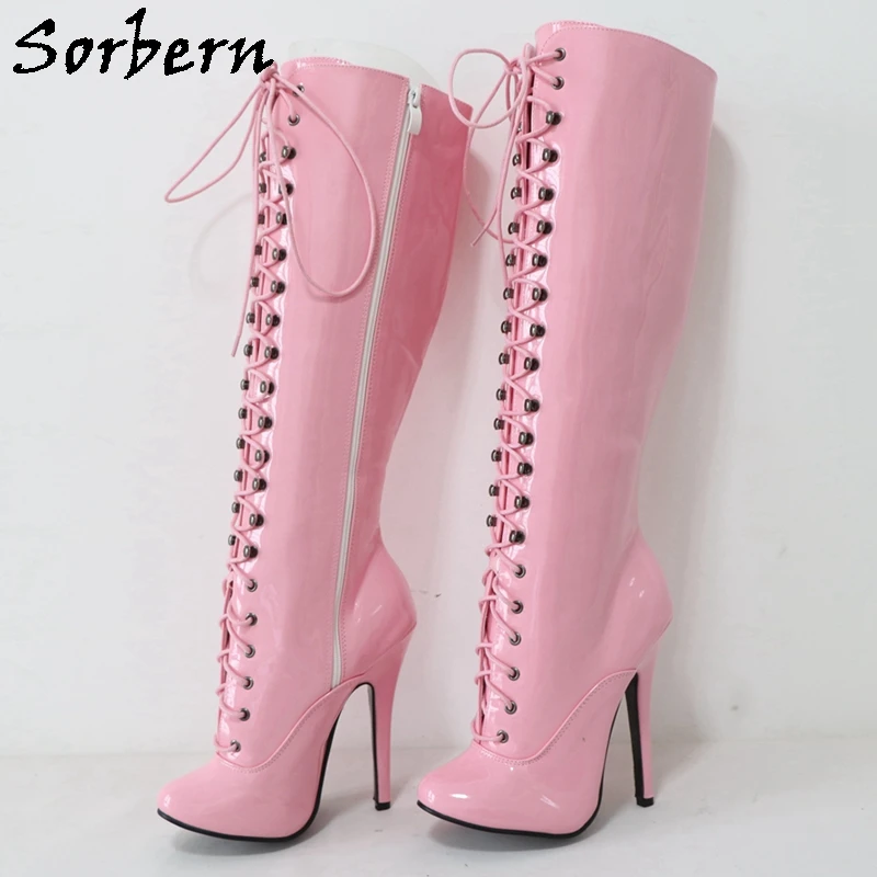 Sorbern Retro Red Knee Boots Ladies Burlesque Heel Dancer Show Lace Up Boot High Heel Customized Leg Stilettos Size 36-46