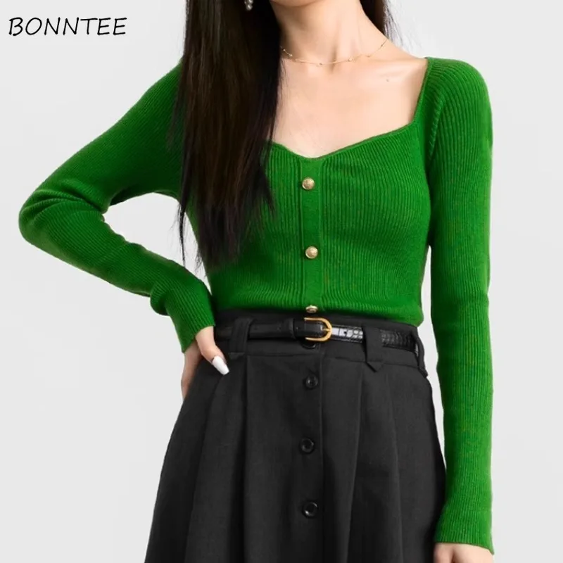 

Пуловеры женские, однотонные, шикарные, с квадратным воротником, универсальные, облегающие, элегантные, модные, осенний трикотаж, дизайнерский свитер на пуговицах, женский уютный