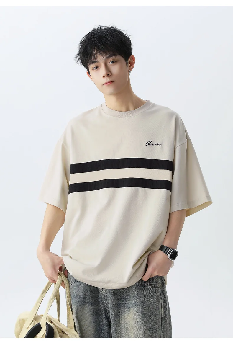 Retro Embroidery Loose Casual Short Sleeve T-Shirt Men's Summer Cotton Slightly Wrinkled Stripe Color Clash Design Body Shirt