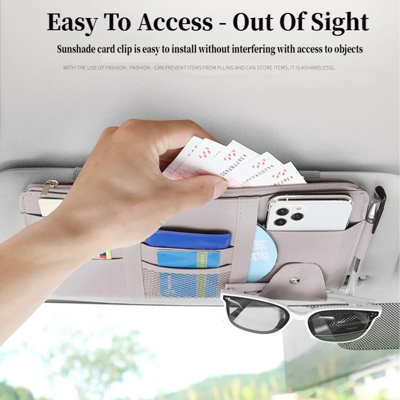 حقيبة تخزين ظلة من جلد البولي يوريثان، متعددة الجيوب، سحاب شبكي للسيارة، حاجب من الشمس، حامل نظارات شمسية لإكسسوارات السيارات الداخلية
