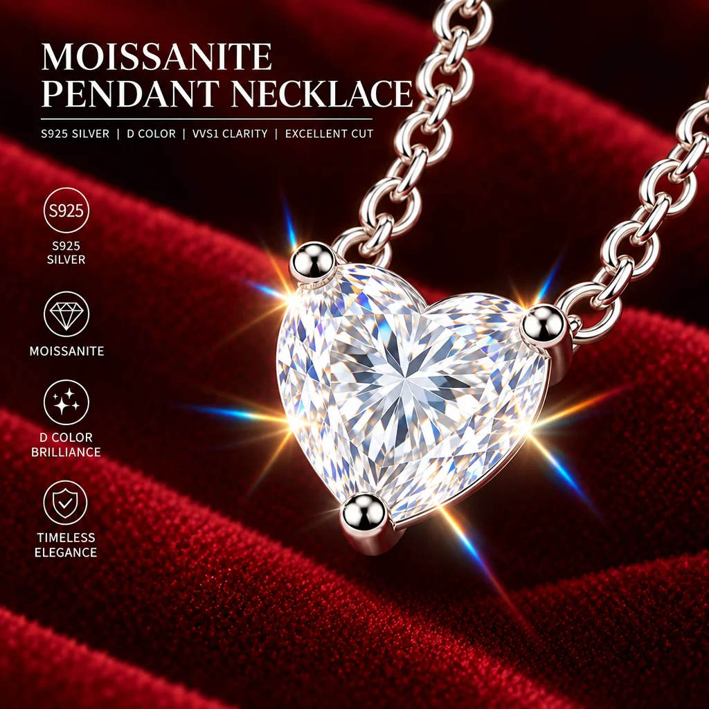 S925 Silver Necklace Heart Shape Pendant 18K Gold Plated Luxury Sparkling D VVS Moissanite Necklavce for Women As Gifts Party