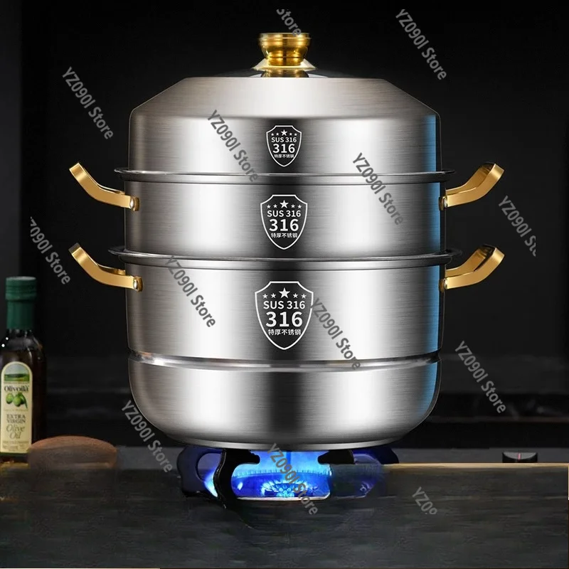 

316 Stainless Steel Multi-Layer Steamer, Thickened Large Capacity Double Layer Cookware Universal for Gas and Induction Cooker