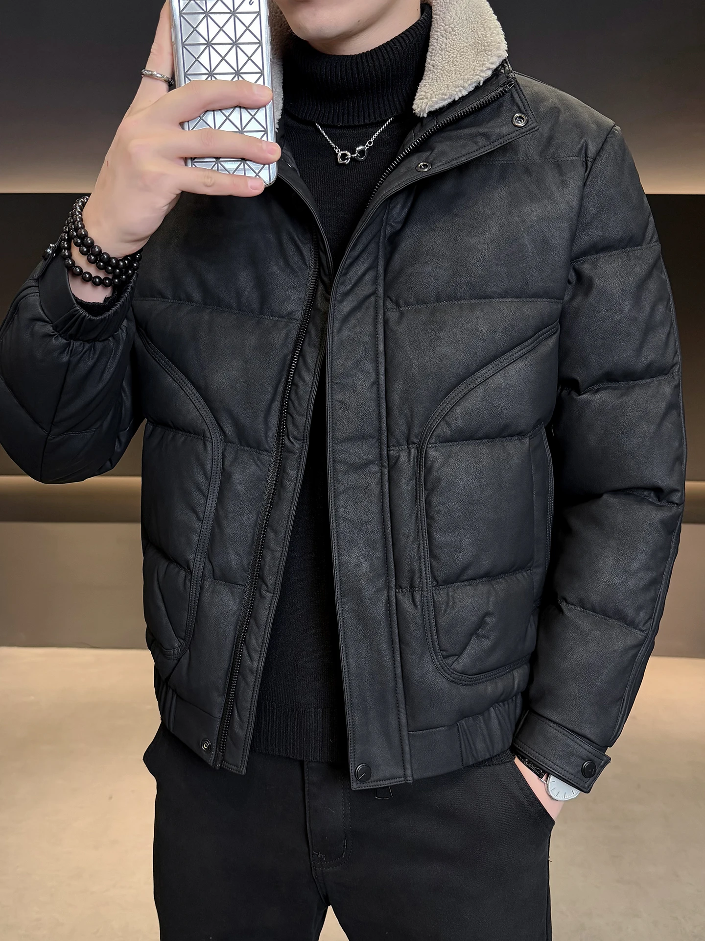 انفصال الفراء طوق الجلود أسفل Jaet الرجال الشتاء Faion العلامة التجارية 2025 جديد دافئ الرجعية ort معطف م مبطن سترة