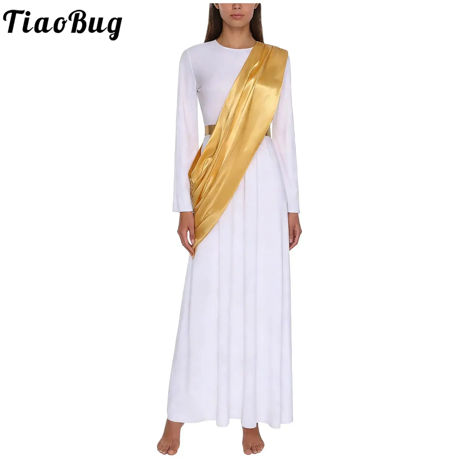 

Women Angel Cosplay Robe Dress Worship Dancewear Long Sleeve Metallic Satiny Sash Maxi Dress for Halloween Nativity Themed Party