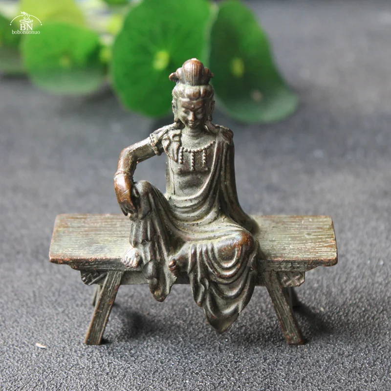 Antique Copper Bench Guanyin Bodhisattva Statue Desktop Ornament Buddha Figurines Lucky Feng Shui Home Decors Crafts Accessories