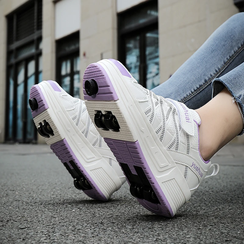Boys Girls Roller Shoes Fashion With 4 Wheels Semi Professional Children Parkour Deformation Pulleys Running School Skate Shoes view 4