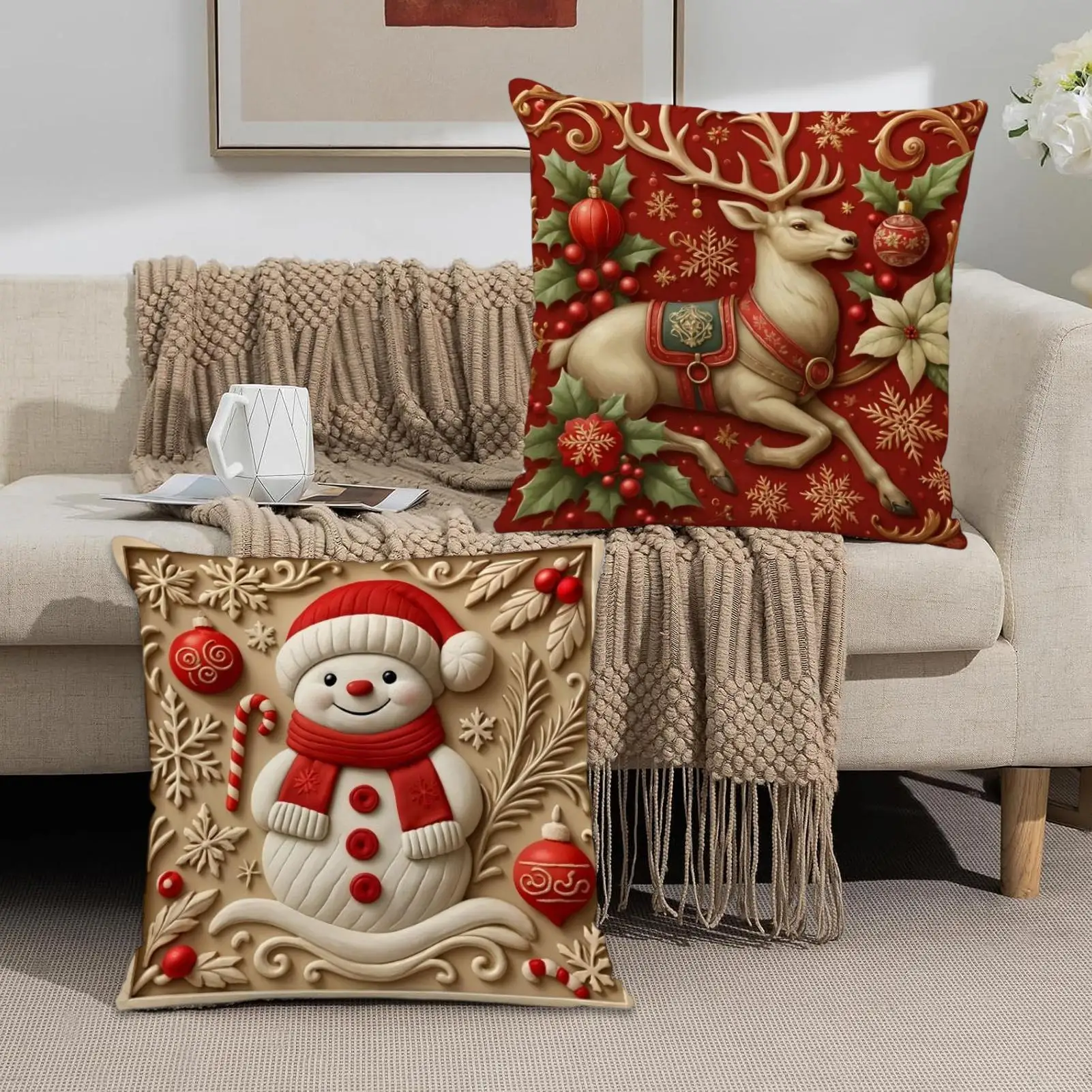 

4 шт. Рождественская наволочка Рождественская тема Наволочки Лось, Санта-Клаус, Снеговик, Рождественская елка Наволочка 45x45 см