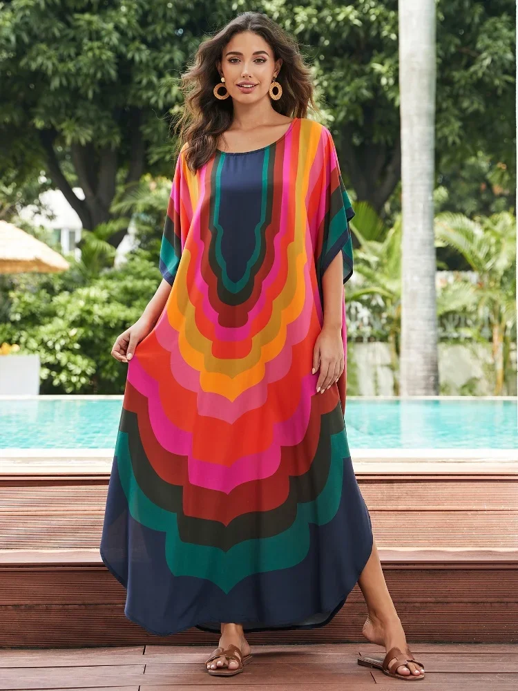 LORYLEI Colorful Women Kaftan Long Dress For Women 2024 Summer Causal Round Neck Batwing Sleeve Outfit Moo Moo Dresses Q1632